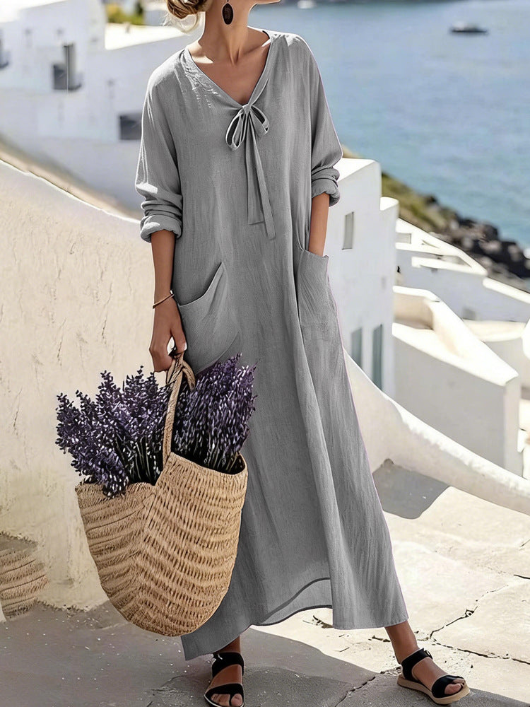 Damen Maxikleid mit seitlichen Taschen und Schleifendetails R&B