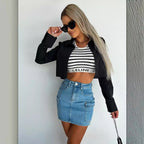 Damen cropped Bluse mit elegantem Kragen und schimmerndem Finish R&B