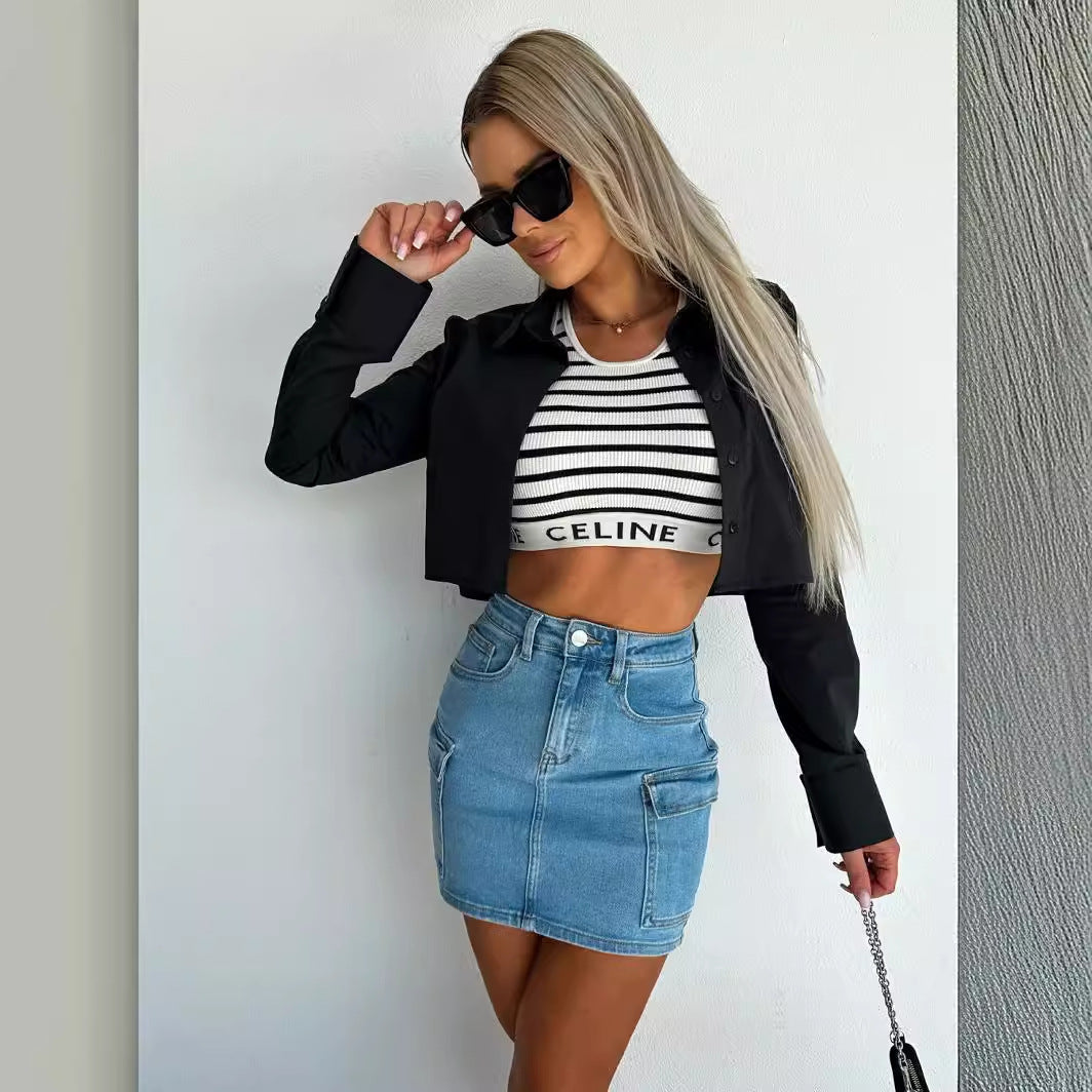 Damen cropped Bluse mit elegantem Kragen und schimmerndem Finish R&B