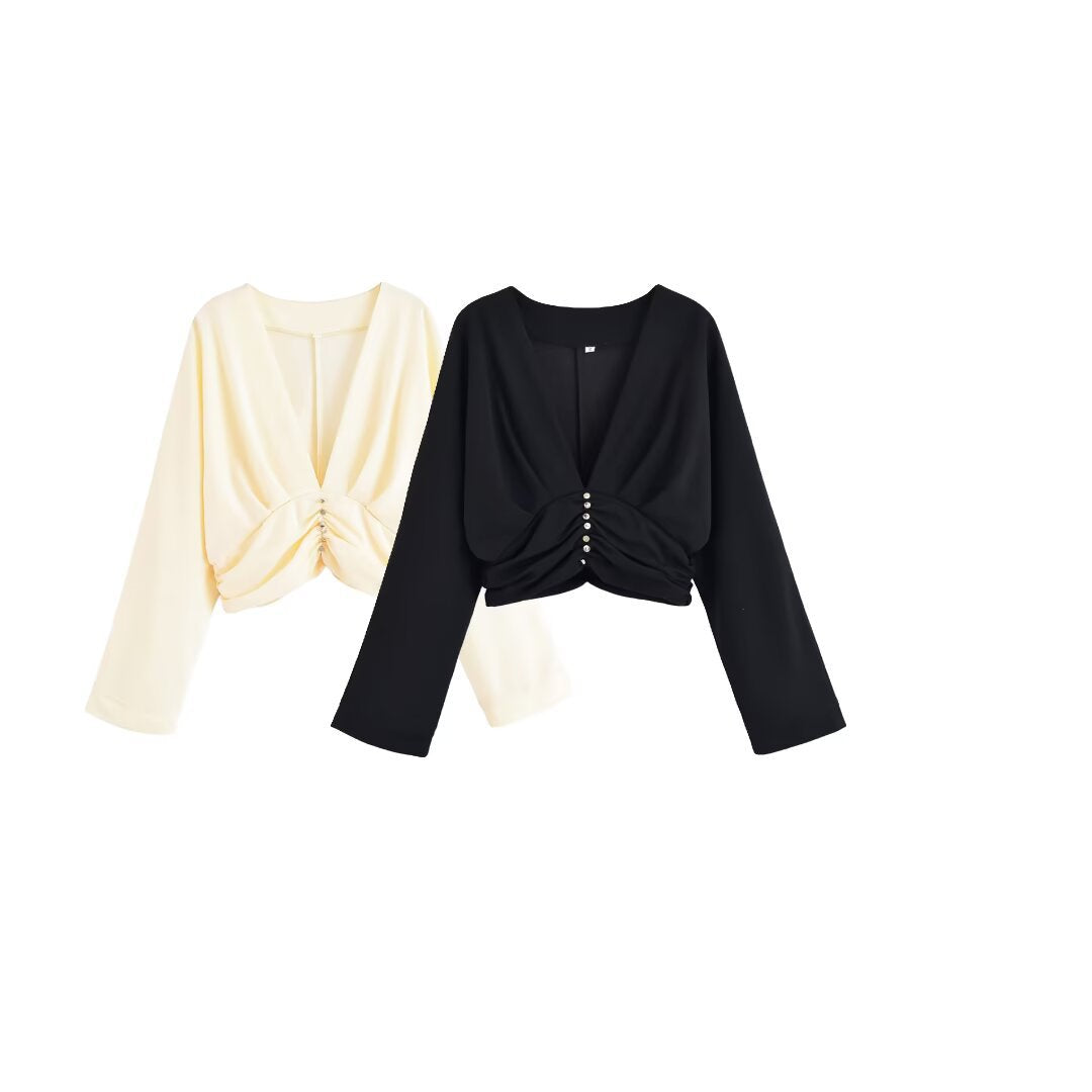 Damen legeres Blusenshirt mit Raffung und tiefem V-Ausschnitt R&B