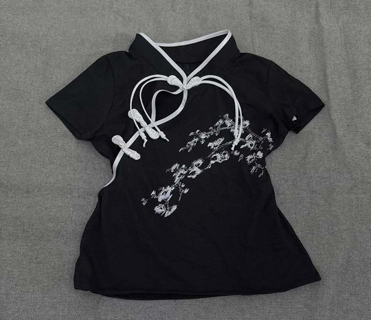 Damen Modernes Chinesisches Kurzarm-T-Shirt mit kreativem Knotendesign R&B