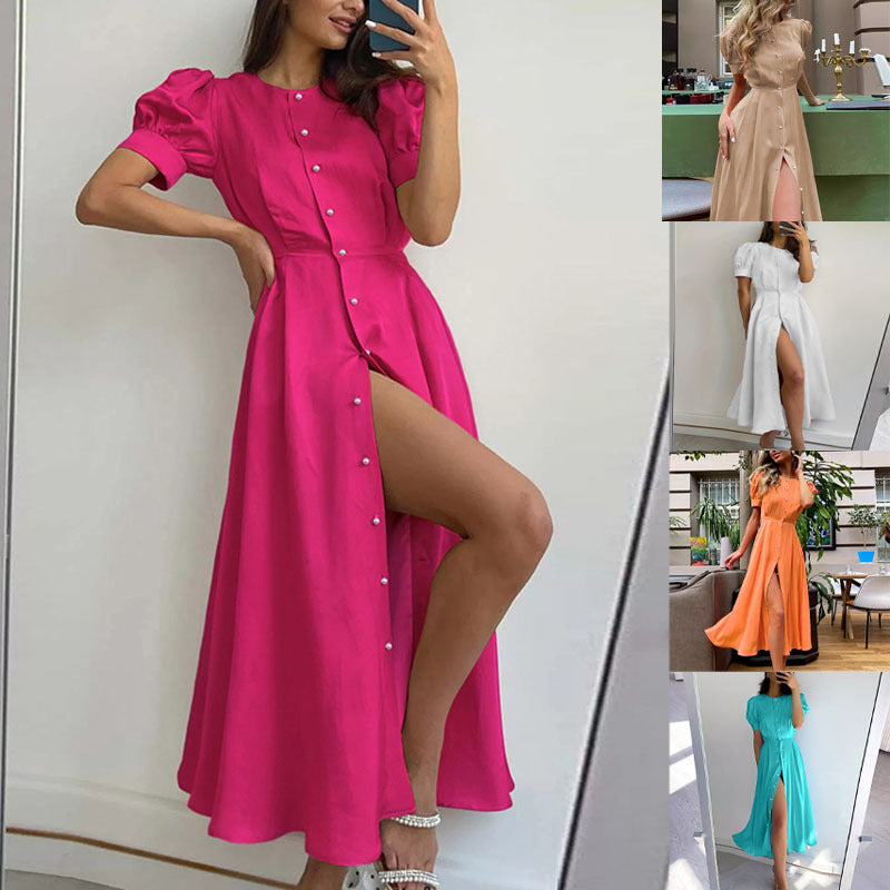 Damen Maxikleid mit Knopfleiste und seitlichem Schlitz R&B