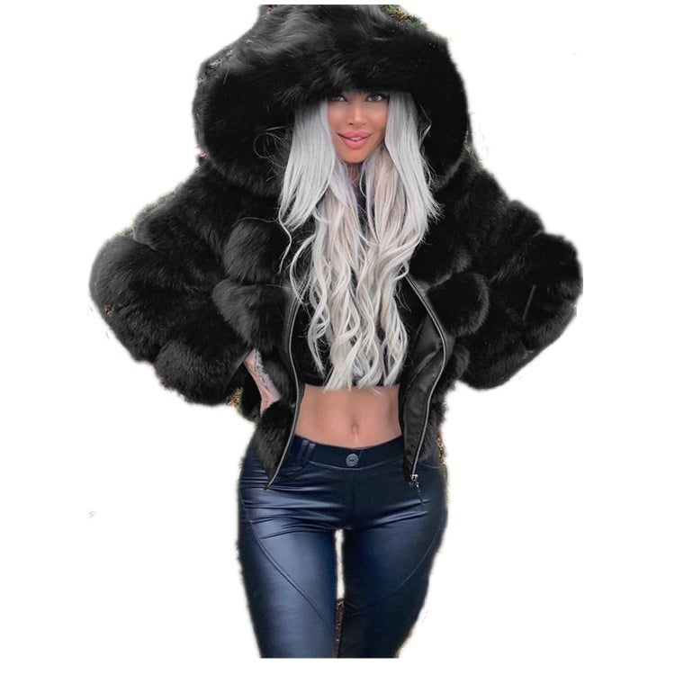 Damen Kuschelige Kunstfelljacke mit voluminösem Kapuzenkragen R&B