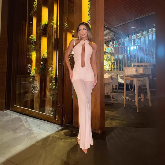 Damen Jumpsuit mit tiefem Ausschnitt und floralen Akzenten R&B