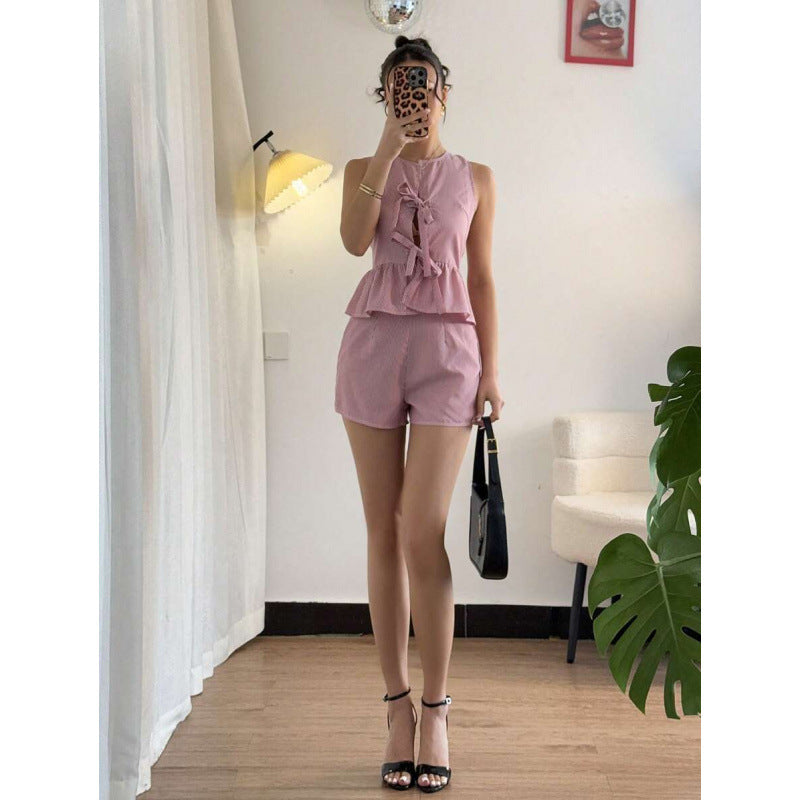 Damen Sommerliches Zweiteiliges Set mit Rüschendetails und verziertem Oberteil R&B