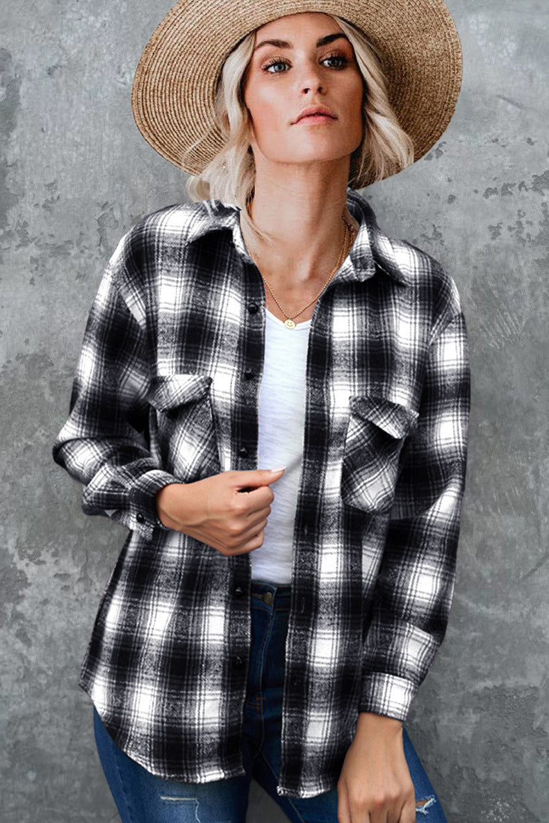 Damen Flanell Hemd im Vintage-Stil mit Karomuster und Brusttaschen R&B