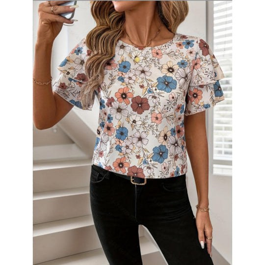 Damen Kurzarm-Bluse mit Volant und floralem Muster R&B