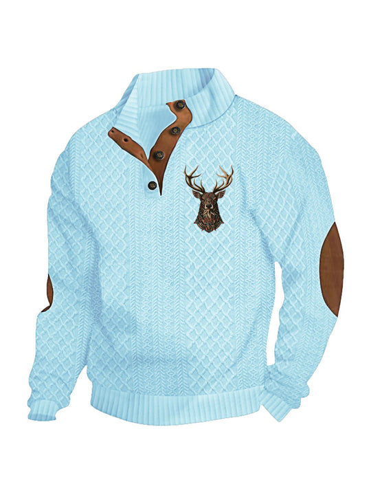 Herren nan Heritage-Strukturpullover mit Stehkragen Lederimitat-Besatz Ellenbogen-Patches und Halbknopfleiste R&B