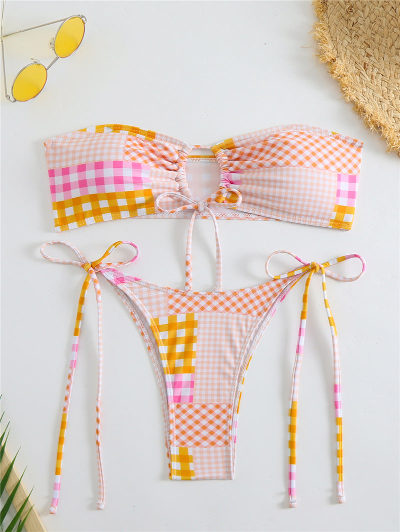 Damen Bikini-Set mit verspieltem Karomuster und verstellbaren Bindebändern R&B