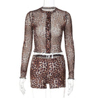 Damen Transparente Leopardenmuster Bluse und Short Set R&B