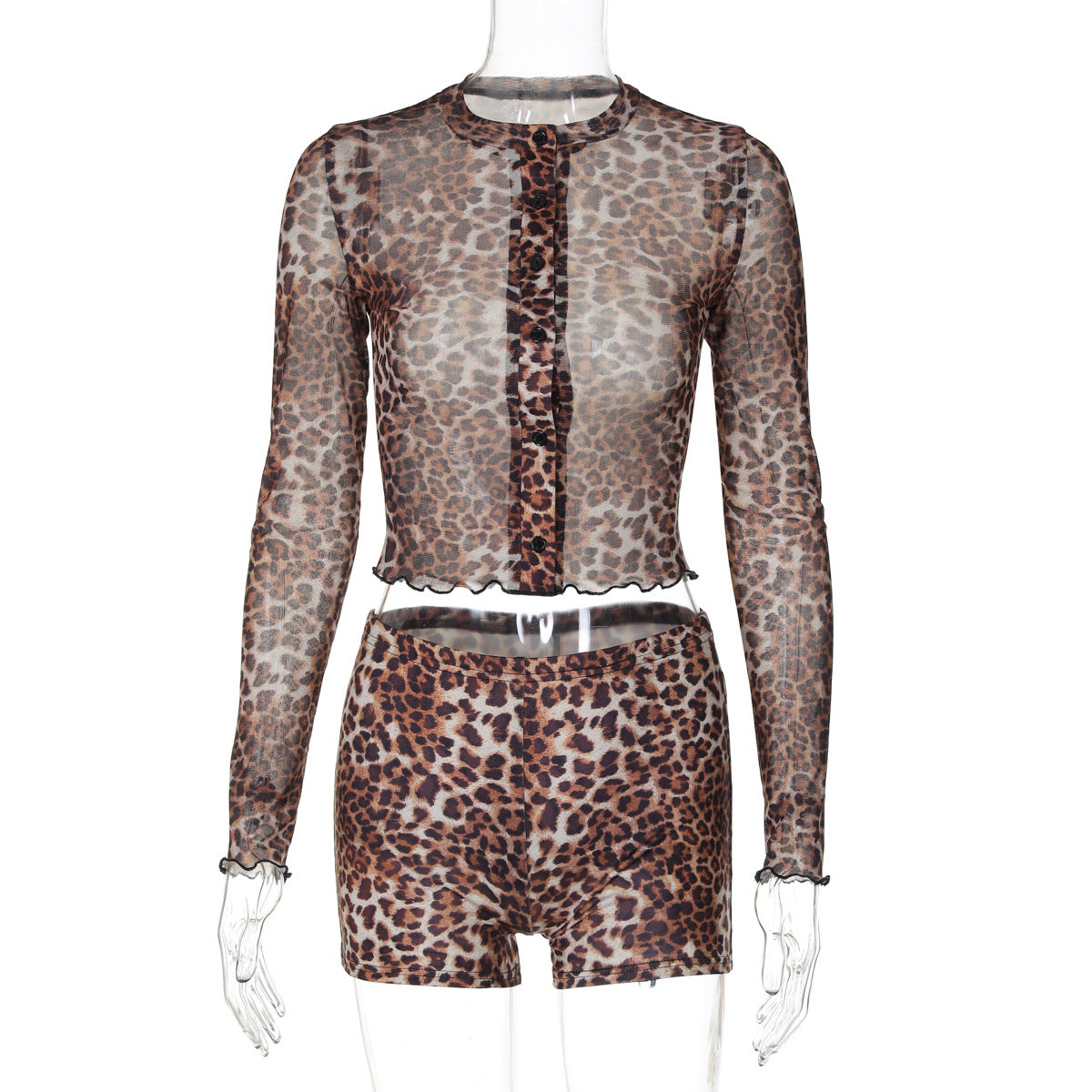 Damen Transparente Leopardenmuster Bluse und Short Set R&B