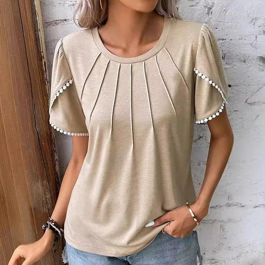Damen nan Rundhals-Shirt mit dekorativer Kellerfalten-Front, Flatterärmeln und Pompon-Borte R&B