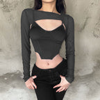 Damen Modisches Longsleeve Oberteil mit transparentem Material und integrierter Unterbruststütze R&B