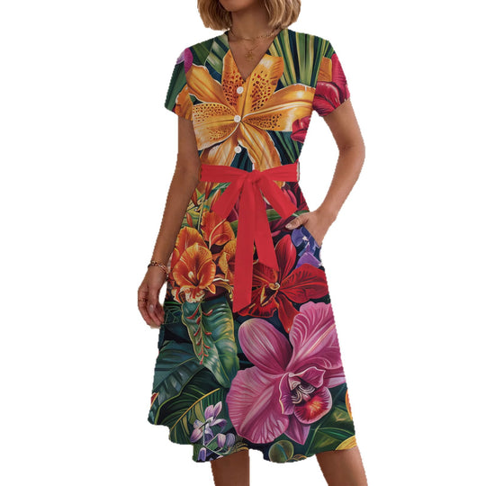 Damen Midikleid mit farbenfrohem Blumendesign und taillierbarem Bindegürtel R&B
