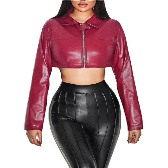 Damen cropped Kunstlederjacke mit innovativem Reißverschluss R&B