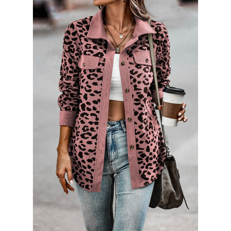 Damen tierisches Print-Langarm-Hemdjacke mit aufgesetzten Taschen R&B