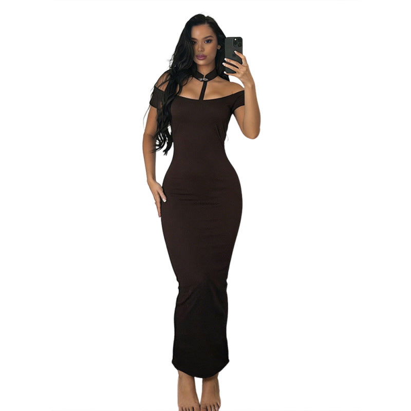 Damen Off-Shoulder Maxikleid mit elegantem Choker R&B