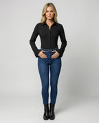 Damen Shirt Schwarz Slim Fit Langarm Baumwolle Modal Elastisch