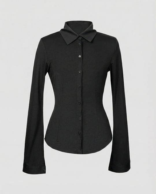 Damen Shirt Schwarz Slim Fit Langarm Baumwolle Modal Elastisch