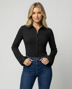 Damen Shirt Schwarz Slim Fit Langarm Baumwolle Modal Elastisch