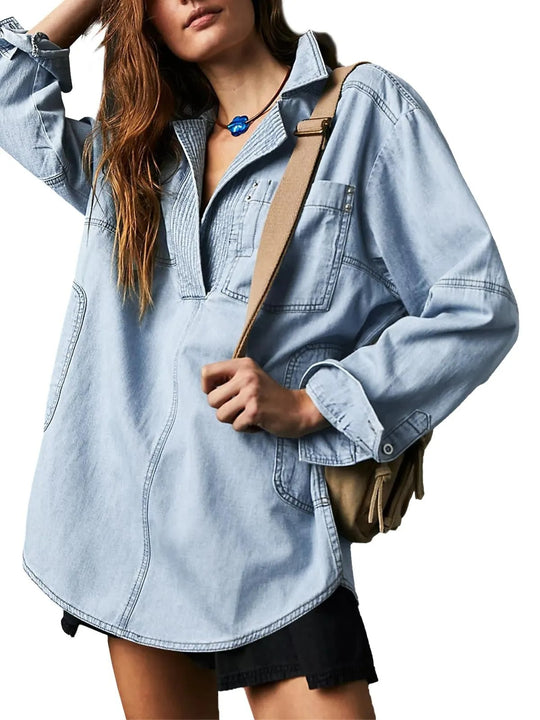 Damen Denim-Shirt mit detailreicher Steppung und lässigem Schnitt R&B