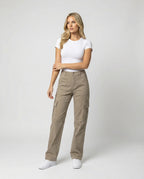 Damen hochgeschnittene Workwear-Cargohose aus robustem Baumwolltwill mit geradem Bein und aufgesetzten Klapptaschen R&B