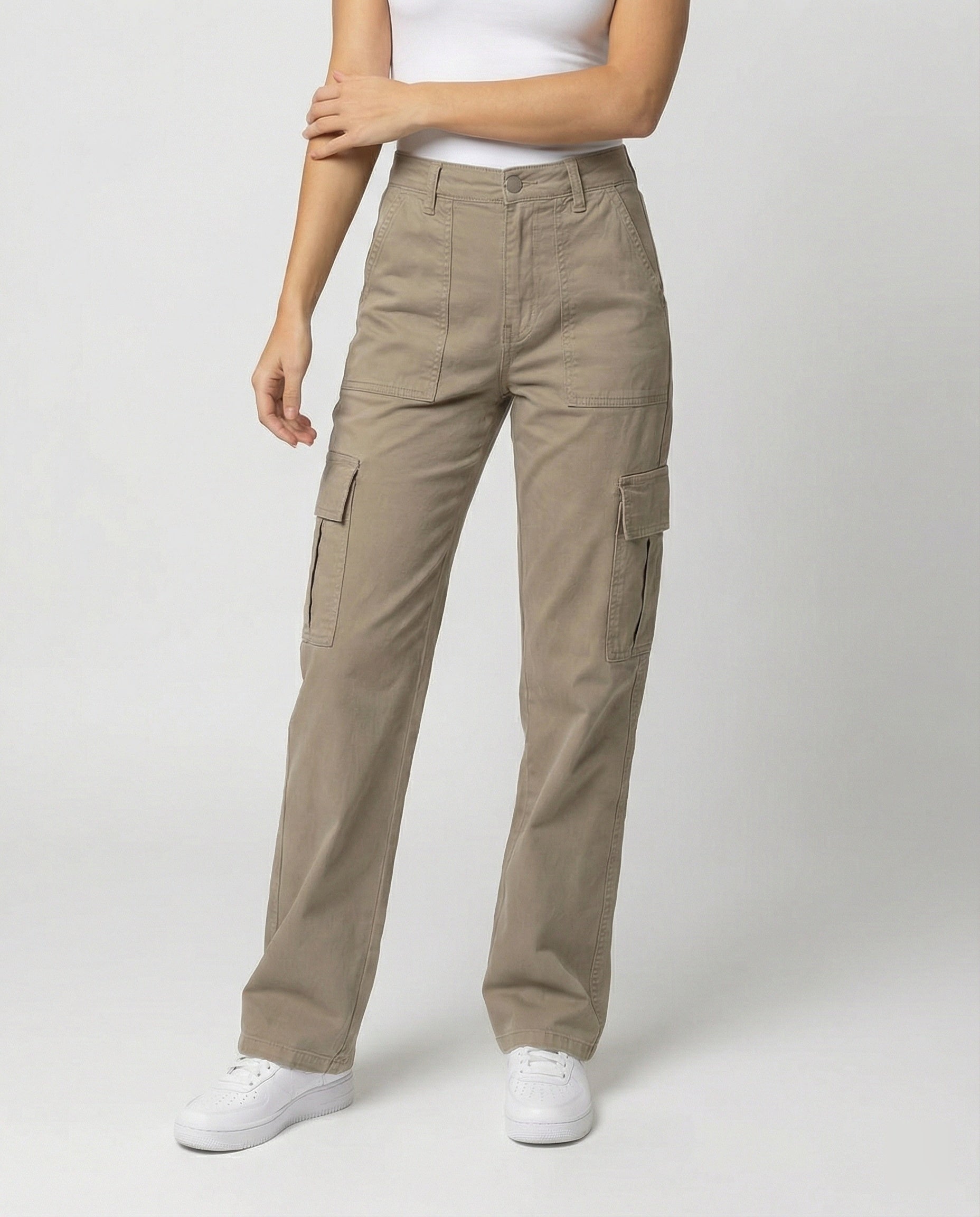Damen hochgeschnittene Workwear-Cargohose aus robustem Baumwolltwill mit geradem Bein und aufgesetzten Klapptaschen R&B