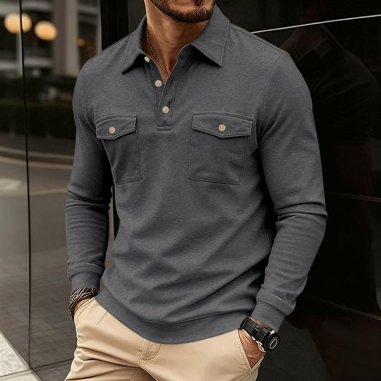 Herren nan figurbetontes Langarm-Poloshirt mit Hemdkragen und aufgesetzten Brustklappen R&B