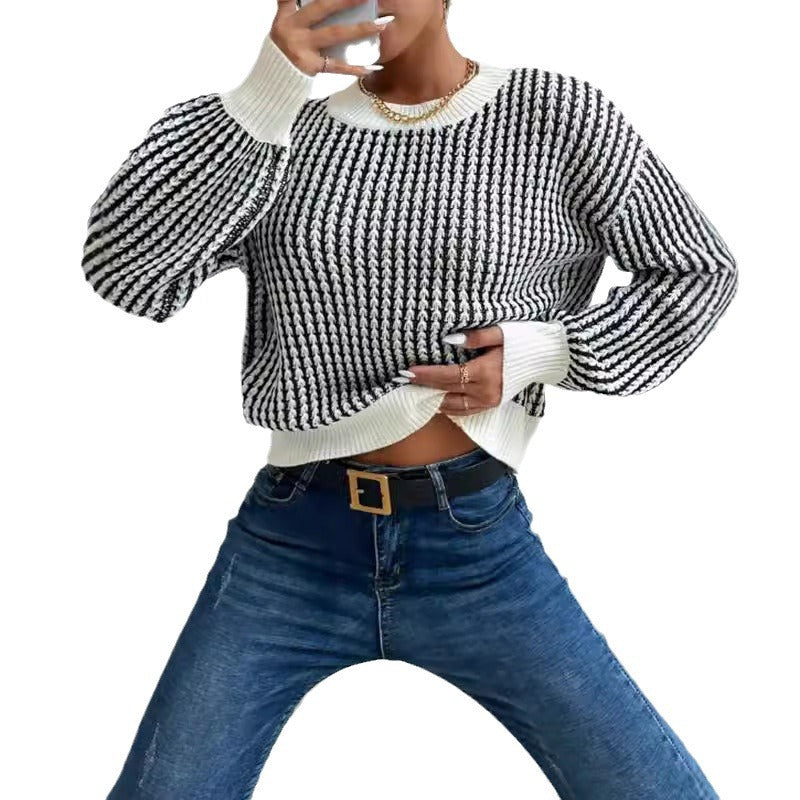 Damen lässiger Strickpullover mit voluminösen Ärmeln und strukturiertem Muster R&B