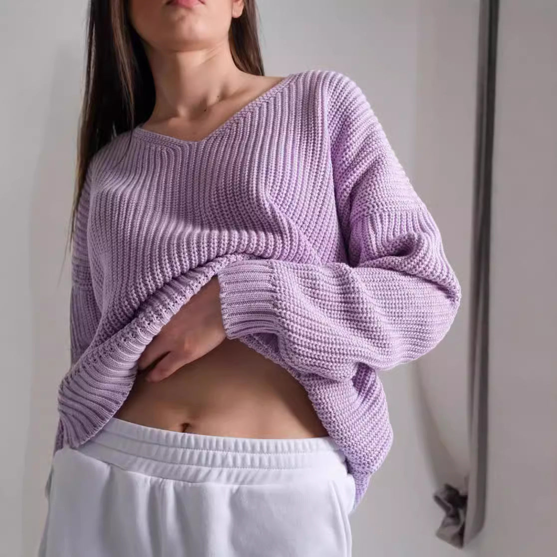 Damen lässiger Strickpullover mit tiefem V-Ausschnitt und seitlichen Schlitzen R&B