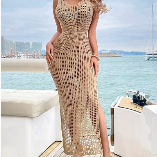 Damen gehäkeltes Maxikleid mit tiefem V-Ausschnitt und seitlichem Schlitz R&B