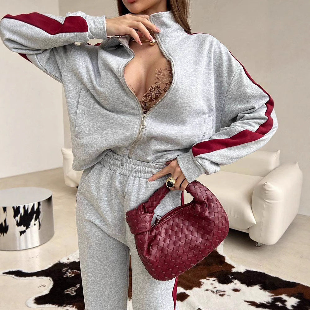 Damen sportliches Fleece-Set mit Stehkragen und seitlichen Kontraststreifen R&B