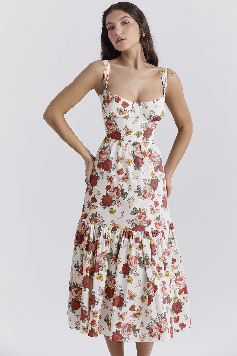 Damen Boho Maxikleid mit romantischem Blumendruck und voluminösem Rock R&B