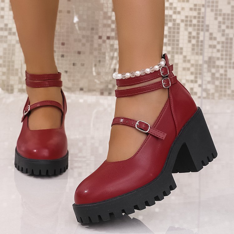 Damen Blockabsatz-Schnürschuhe mit modischem Riemendesign und rutschfester Sohle R&B