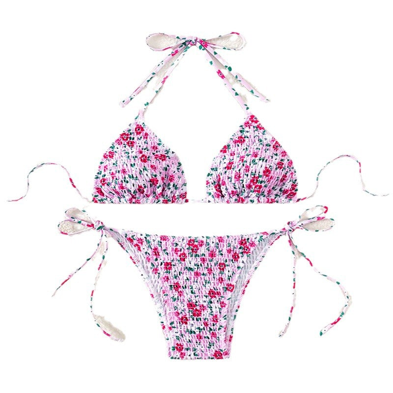 Damen Triangel-Bikini-Set mit verspielter Raffung und hübschem Blumenmuster R&B