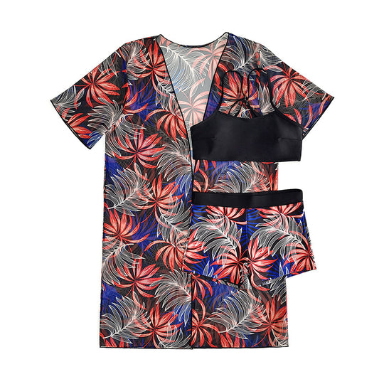 Damen Bademantel mit floralem Design und kurzen Ärmeln R&B