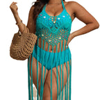 Damen gehäkeltes Bikini-Set mit fransiger Überwurf R&B