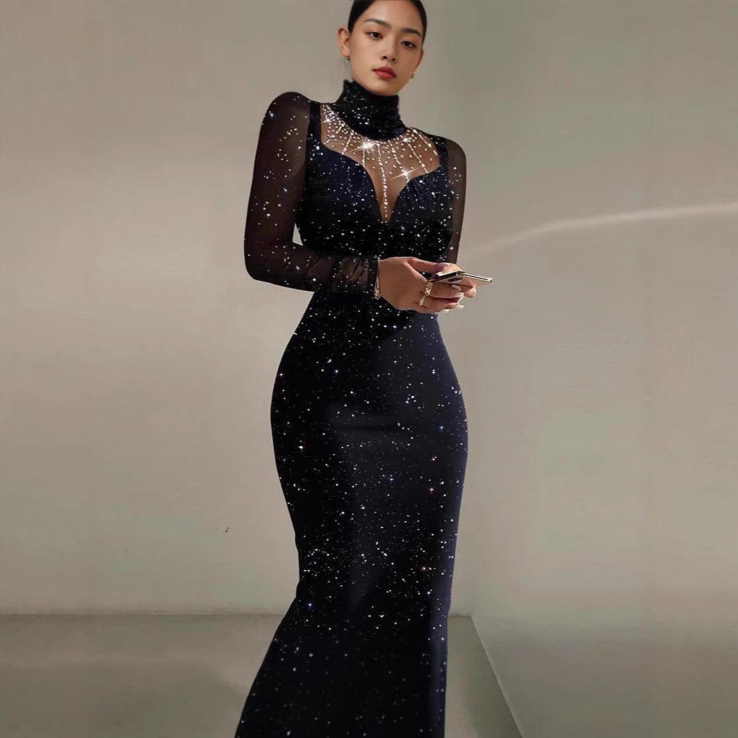 Damen Elegantes Abendkleid mit transparenten Ärmeln und schimmerndem Sternenmuster R&B