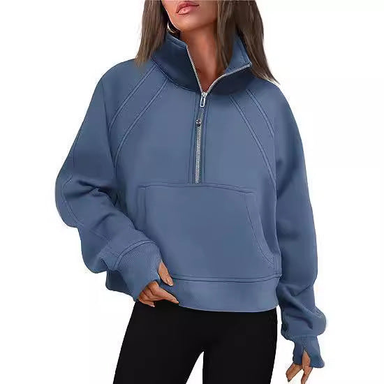Damen kuscheliger Half-Zip Pullover mit Kapuze und Kängurutasche