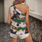 Damen asymmetrisches Haltertop mit eleganten Mustern und verspieltem Schleifendetail R&B