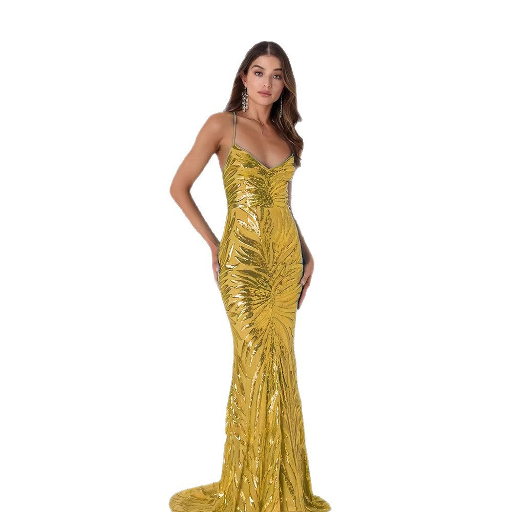 Damen Glamouröses Abendkleid mit funkelndem Paillettenmuster und V-Ausschnitt R&B