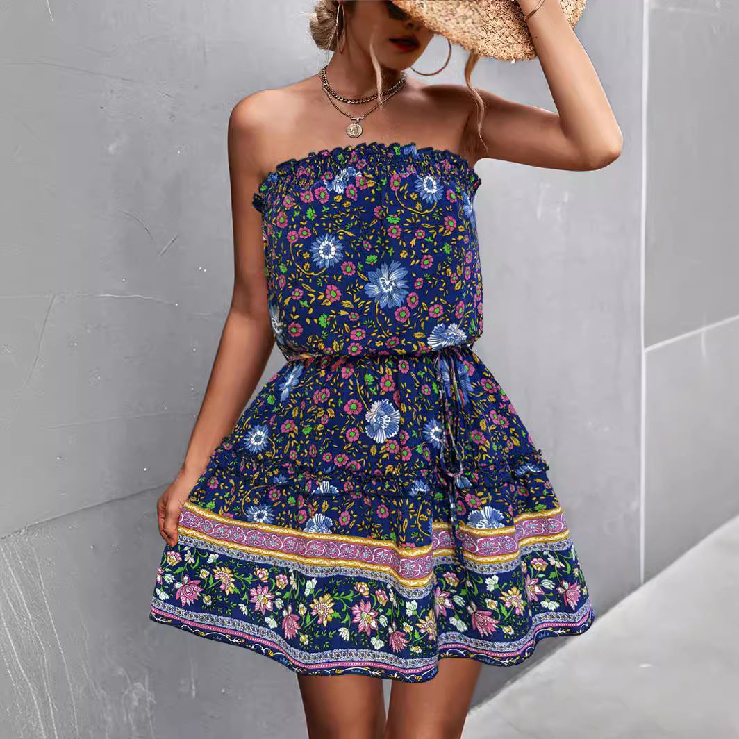 Damen Schulterfreies Minikleid mit buntem Blumenmuster und elastischem Taillenbund R&B
