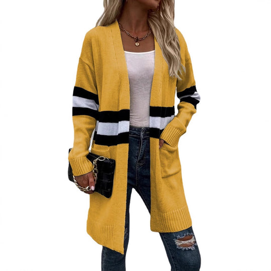 Damen Strickcardigan mit sportlichen Streifen und offenen Taschen R&B