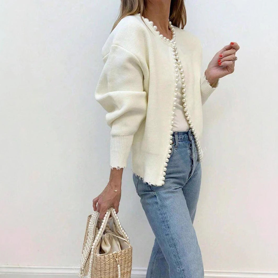 Damen Elegante Strickjacke mit Perlenverzierung R&B