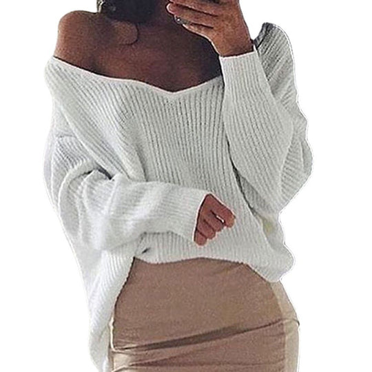 Damen lässiger Strickpullover mit asymmetrischem Ausschnitt und weitem Schnitt R&B