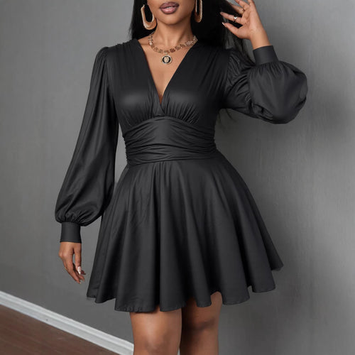 Damen elegantes Minikleid mit tiefem V-Ausschnitt und voluminösen Puffärmeln R&B