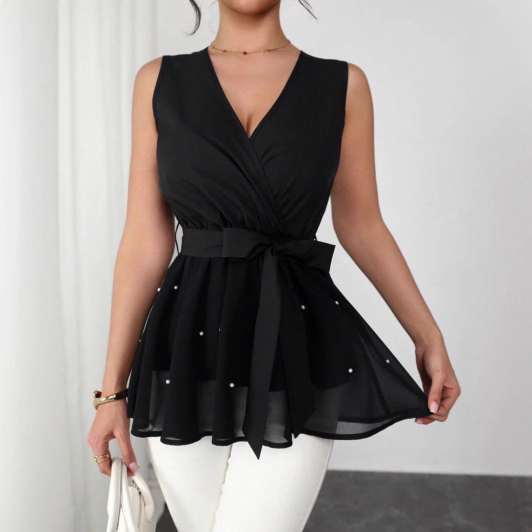 Damen Elegantes Wickeloberteil mit dekorativen Perlen R&B