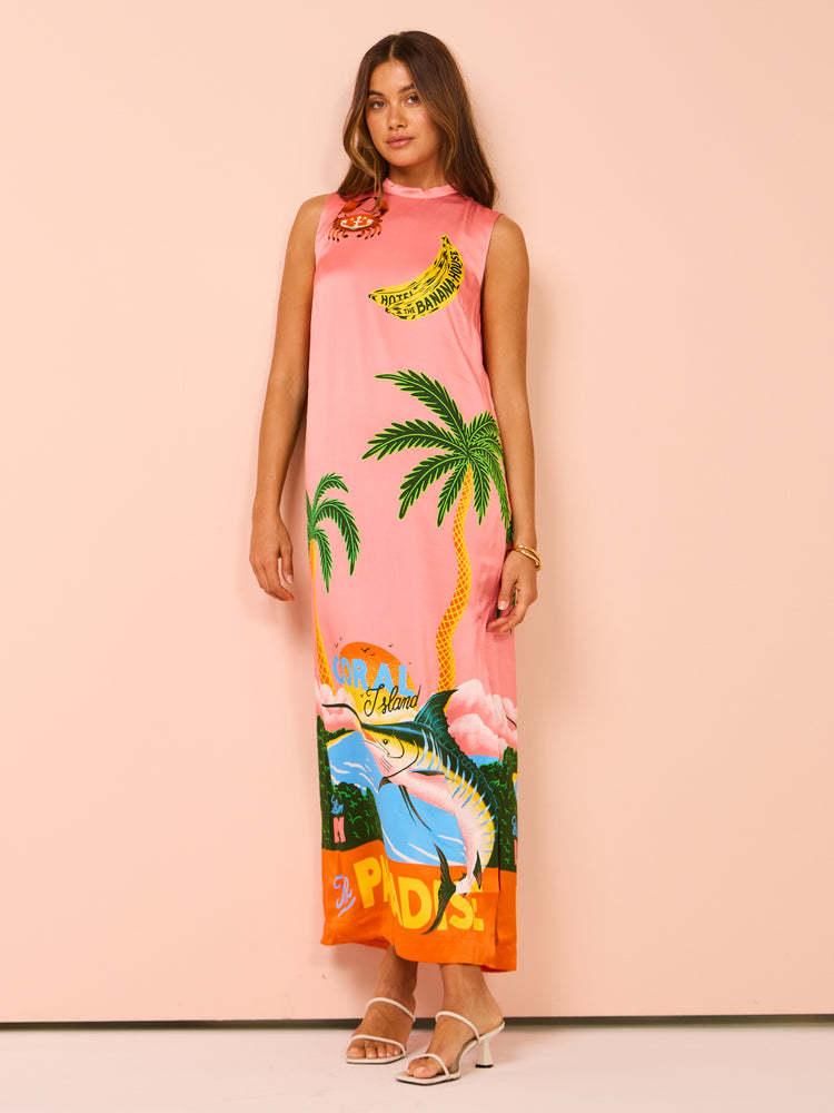 Damen Maxikleid mit buntem Tropenmotiv und lässigem Schnitt R&B