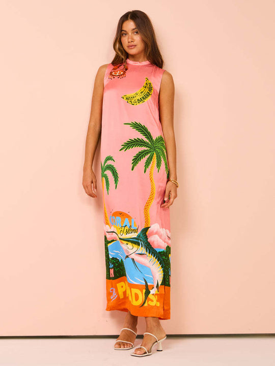 Damen Maxikleid mit buntem Tropenmotiv und lässigem Schnitt R&B