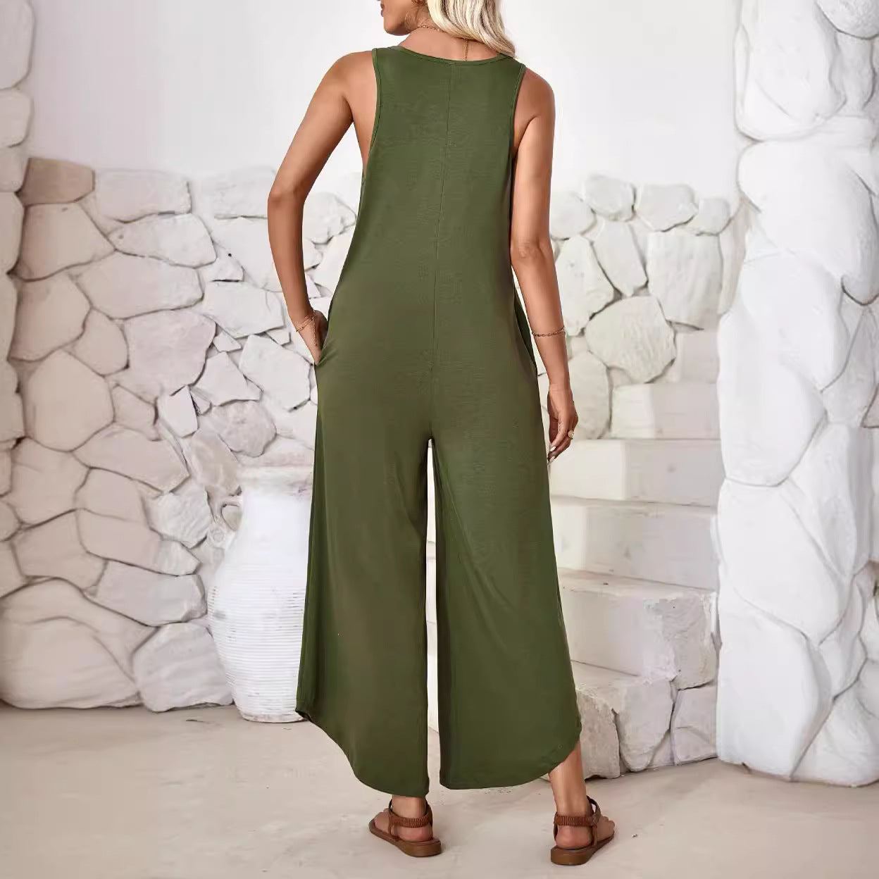 Damen luftiger Jumpsuit mit weitem Bein und praktischen Taschen R&B